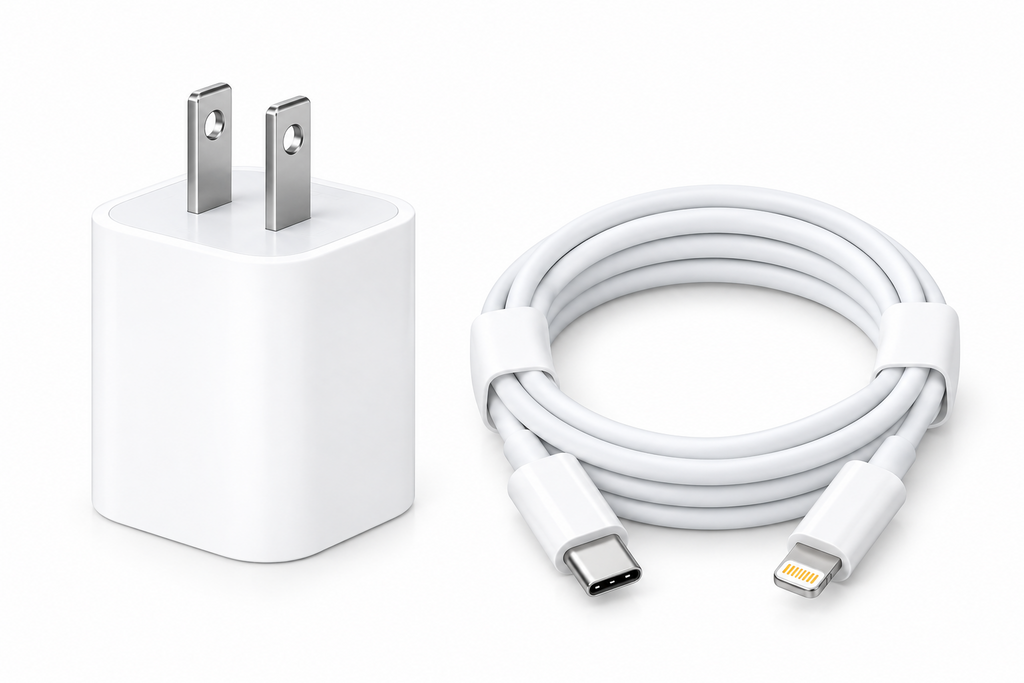 20W USB-C power adapter with coiled USB-C to Lightning cable