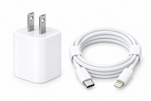 20W USB-C power adapter with coiled USB-C to Lightning cable