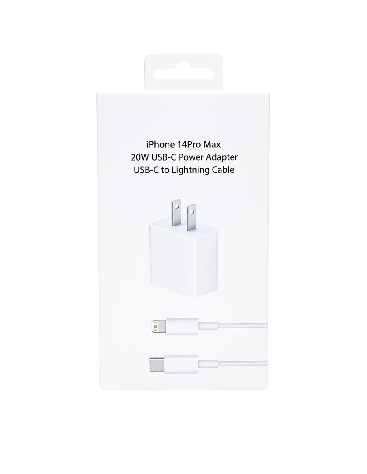 20W USB-C power adapter and USB-C to Lightning cable packaging without Apple logo