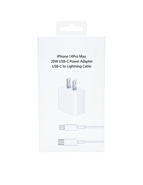 20W USB-C power adapter and USB-C to Lightning cable packaging without Apple logo
